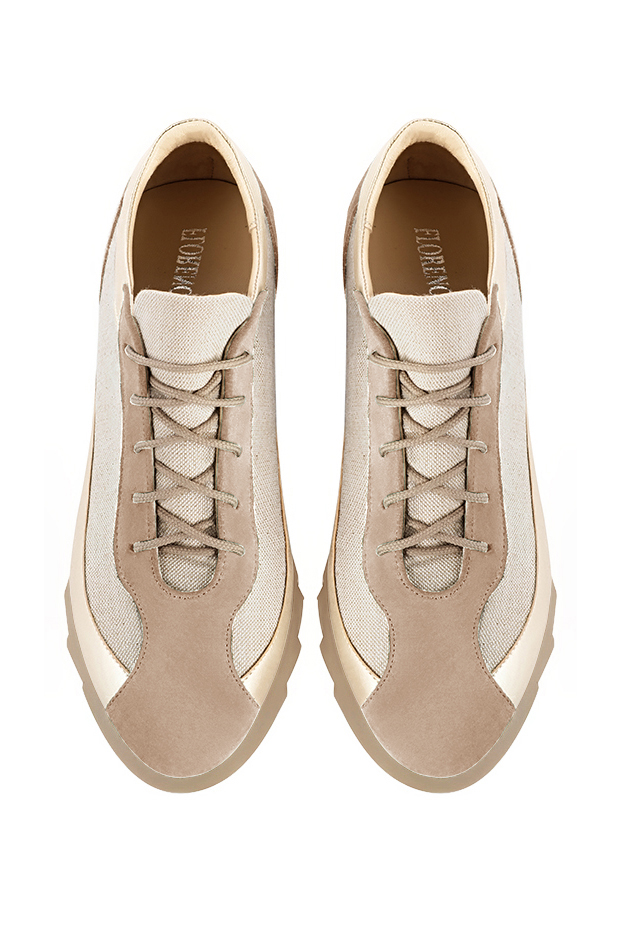 Tan beige and gold women's elegant sneakers. Round toe. Low rubber soles. Top view - Florence KOOIJMAN